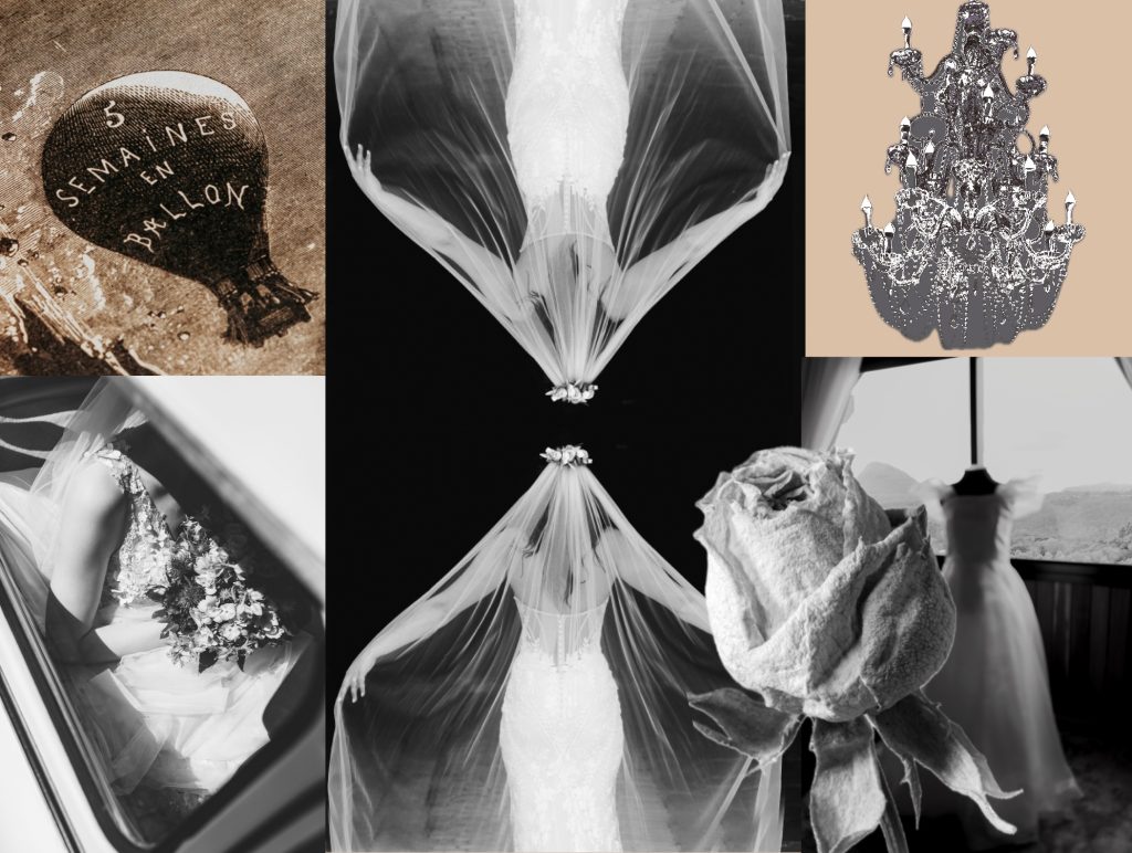 A collage of photographs including brides in white dresses, a white rose, a graphic chandelier and a hot air balloon.