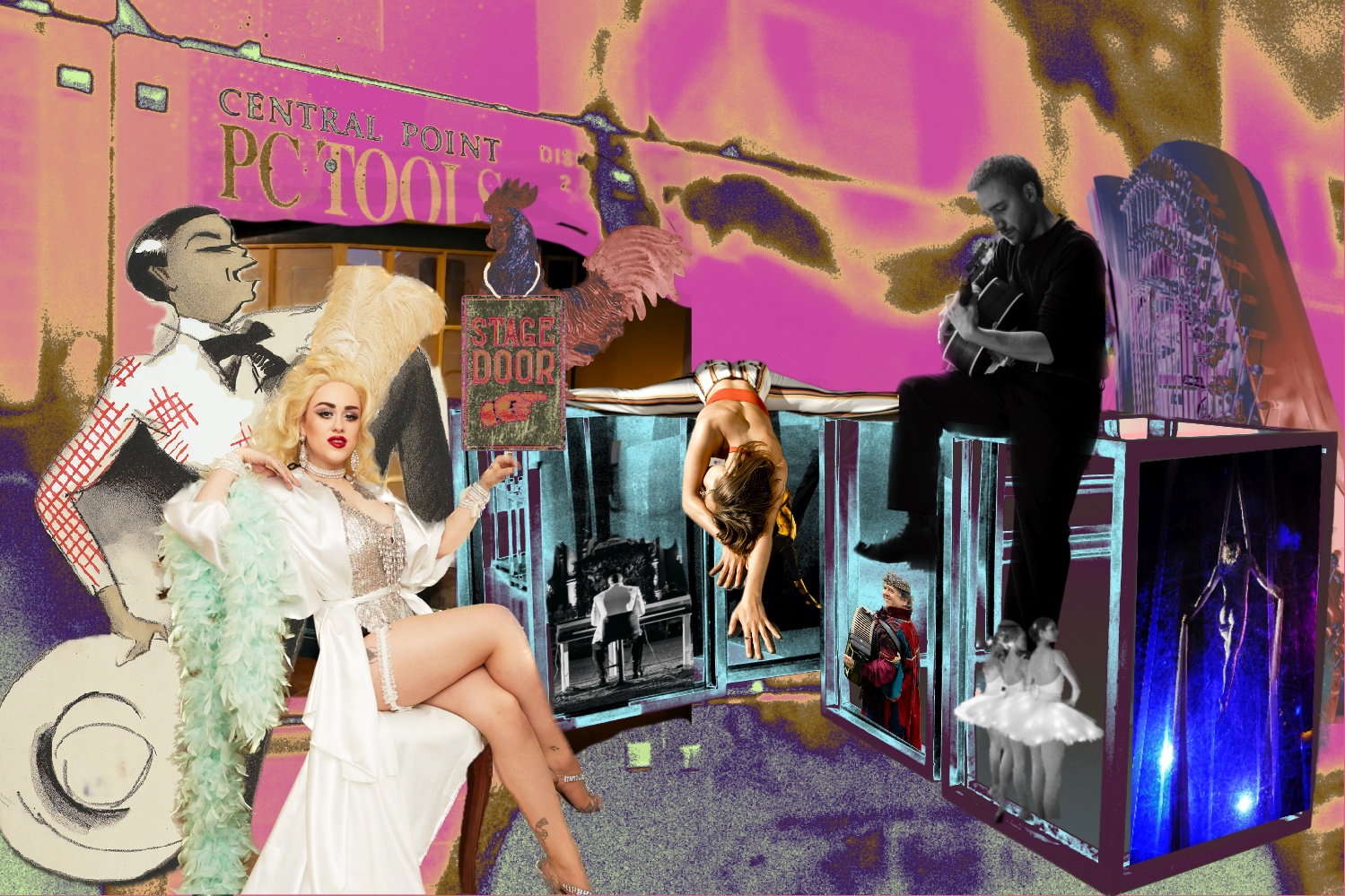 A collage graphic showing various people and entertainers on a pink background and plinths.