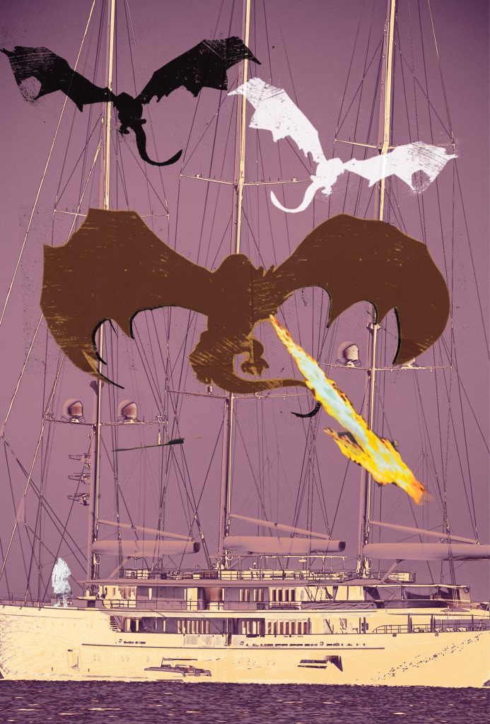Three illustrations of dragons and a yacht on a dusky pink background.