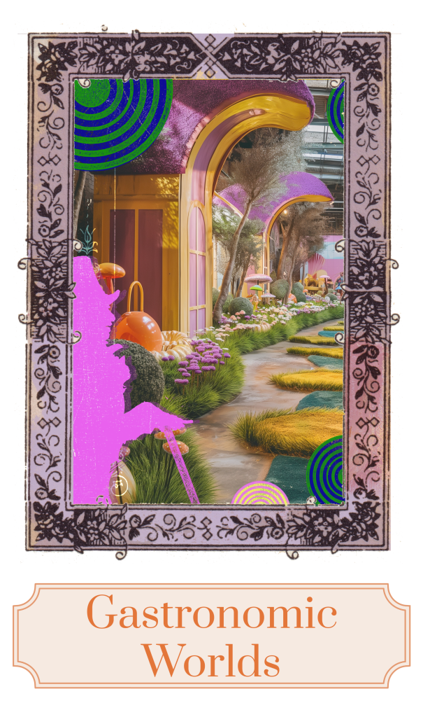 An illustrated silhouette of Willy Wonker in pink set in front of a visualised Chocolate Factory and a lollipop illustration.