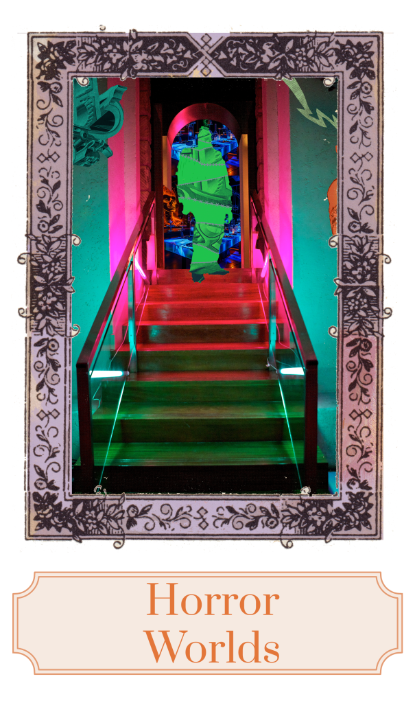 A staircase lit with neon lights and an illustration of Frankenstein's Monster at the top of the stairs.