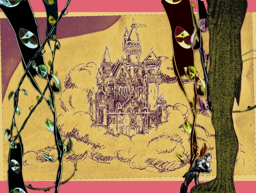 An illustration of a castle amongst clouds and a giant's leg with a small soldier stabbing the giant's foot and vines.