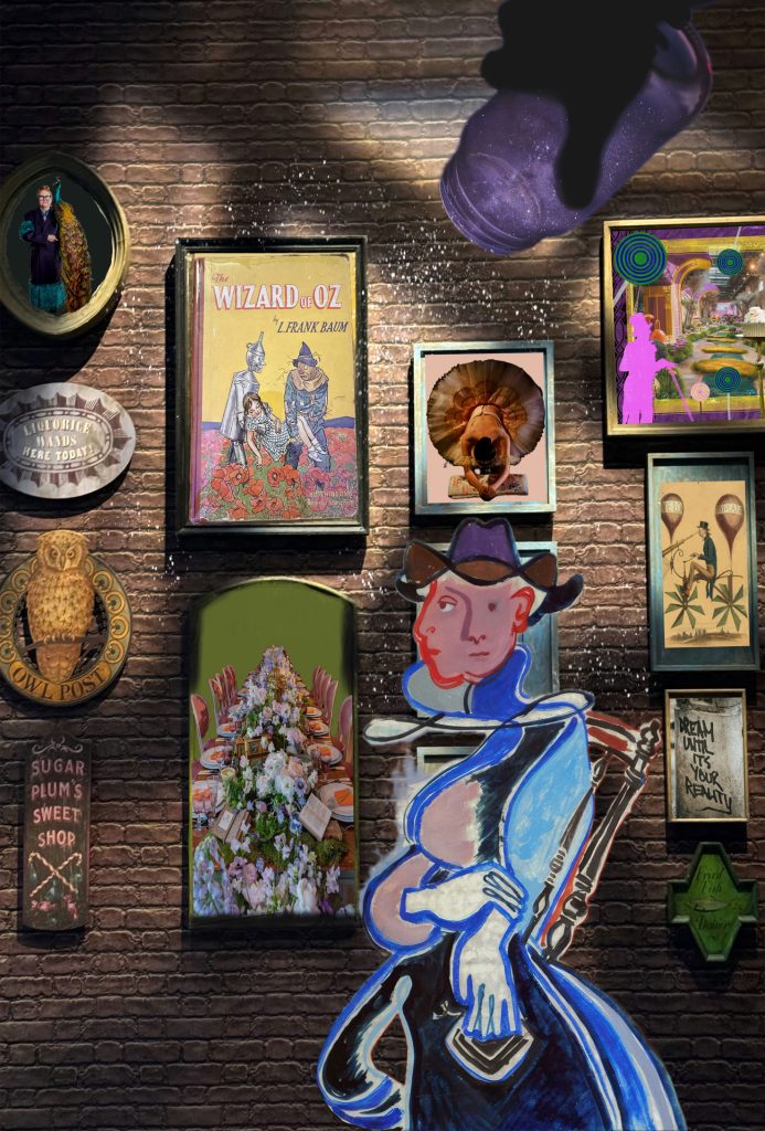 A wall of picture frames with different graphics and a illustration of a figure in front.