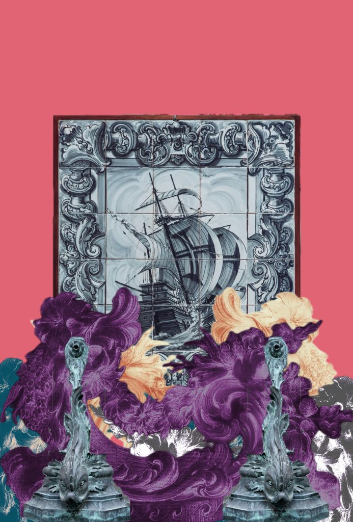 A picture of a ship on black and white tiles with illustrated waves in the foreground.