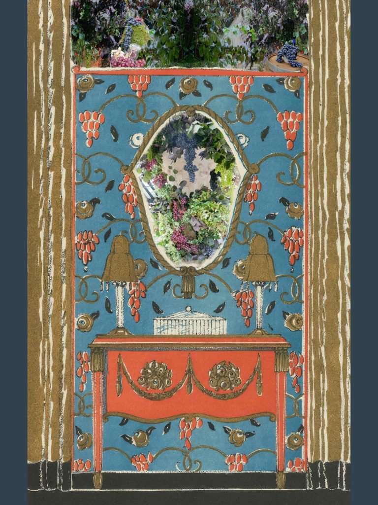 An illustrated wall with decorative wall paper in the Provençal style with grapes and vines, a blue background and a salmon pink console table in front. A mirror is seen, behind which is a reflection of a vineyard and hanging grapes.