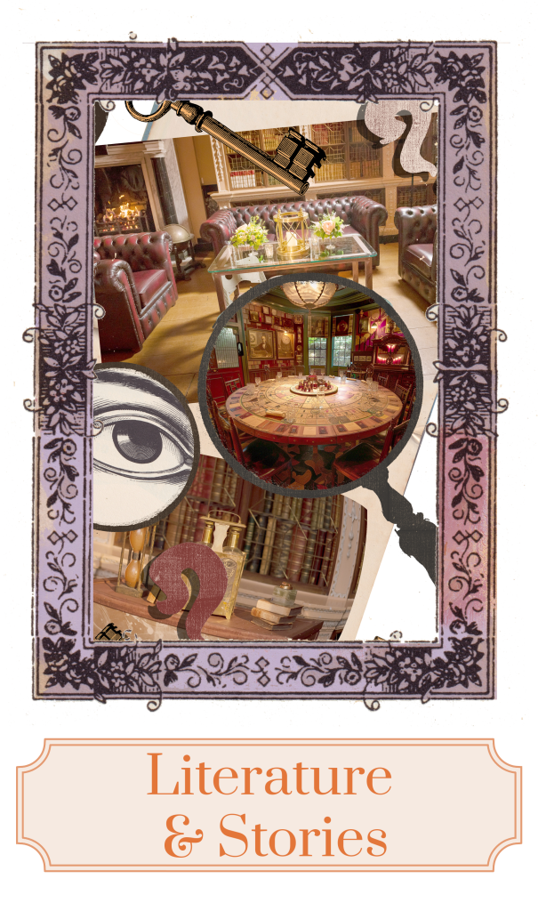 A large magnifying glass, an illustrated eye and a library scene in the background all themed on Sherlock Holmes.