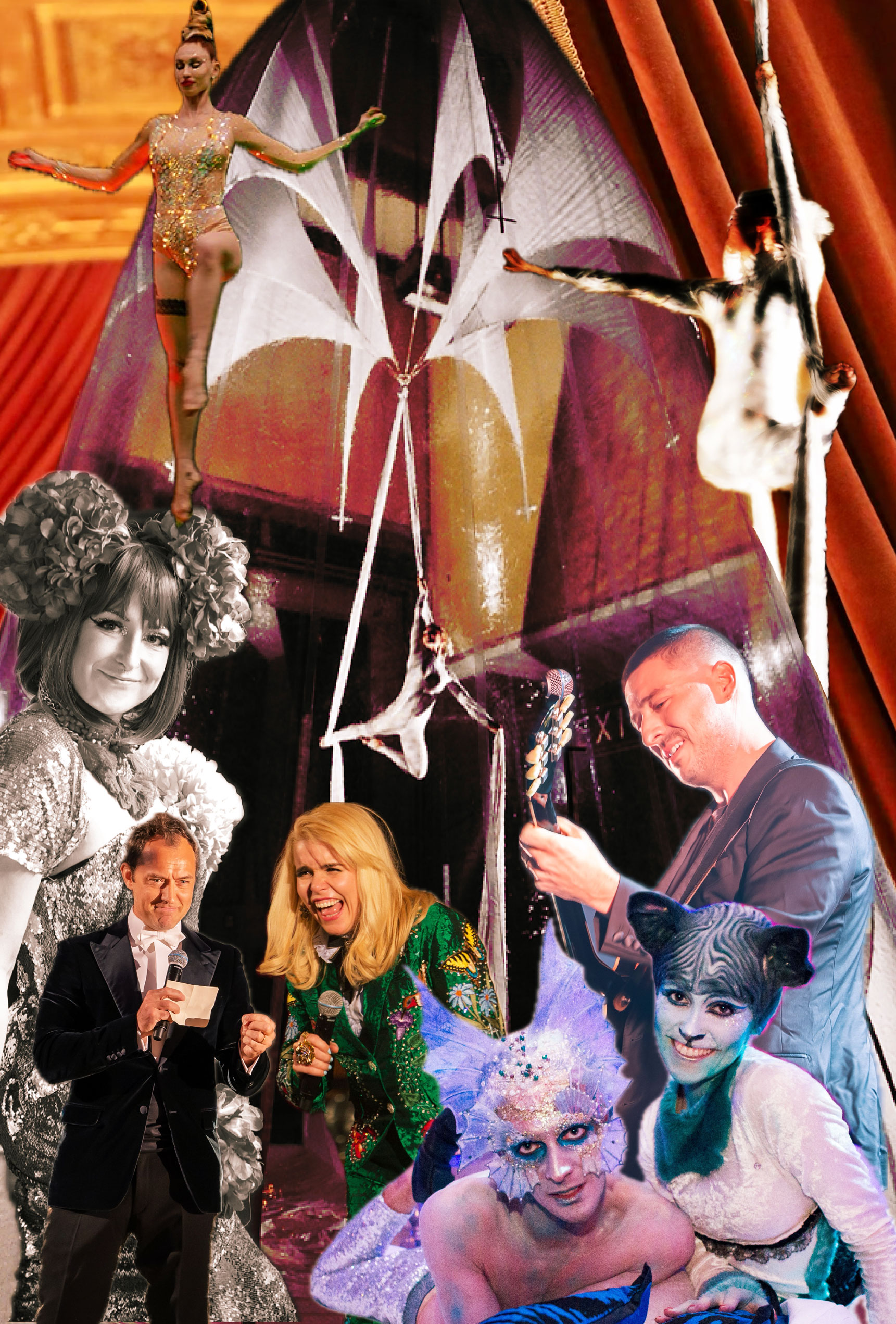 A collage of people and two entertainers in fancy dress in front of acrobats and silk dancers.