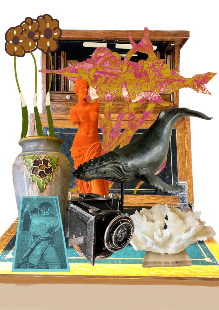 A desk bureau with various ornaments including a whale, a coral, an orange figure and a vase.