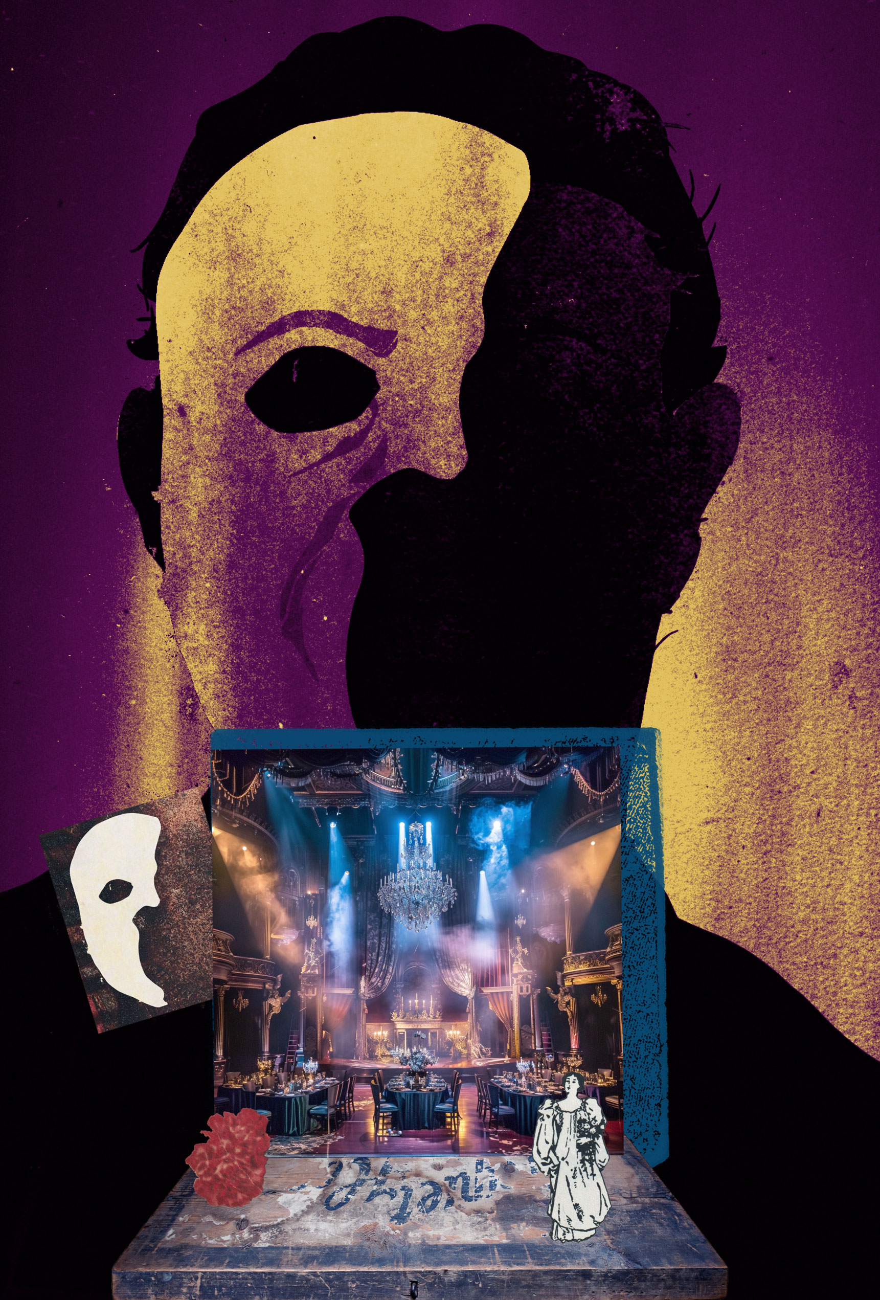An illustration of a stage with a photograph of a dining room in the background and a mask from Phantom of The Opera. An illustration of The Phantom of The Opera is seen behind in large.