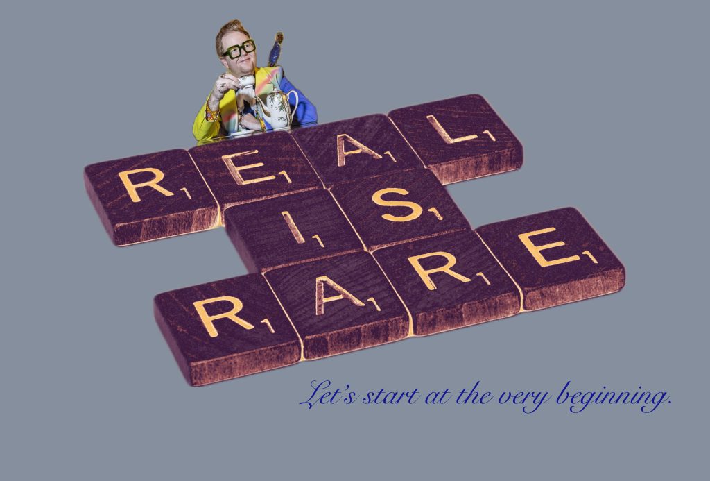 An illustration of Scrabble Tiles spelling the words REAL IS RARE and a man perched on the words.