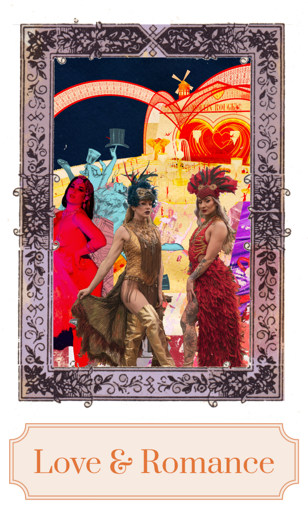 Three Burlesque performers in front of an illustrated graphic themed on the Moulin Rouge.