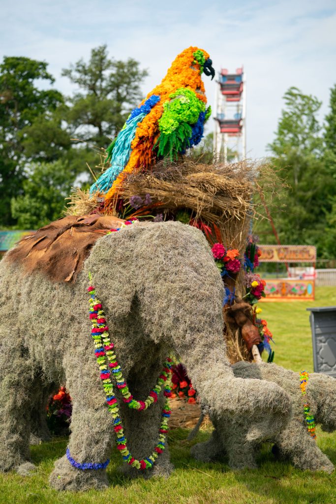 A parrot and an elephant sculptures made from flowers