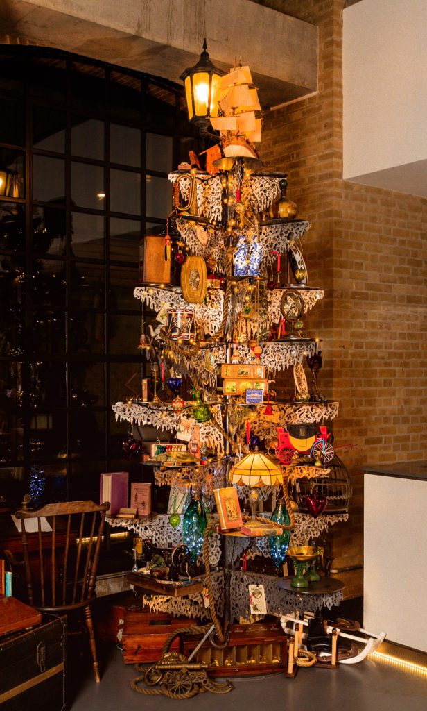 A steel Christmas Tree dressed with Victorian objects