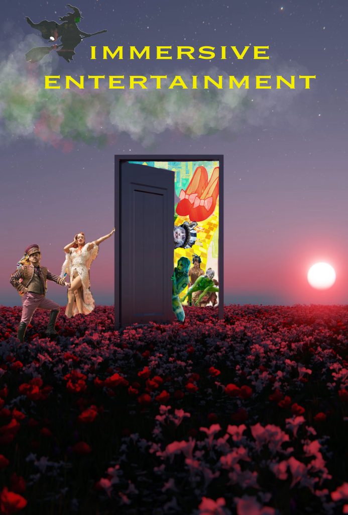 A field of pink flowers and a doorway with people around and inside, with a graphic placed just inside the door showing the Yellow Brick Road.