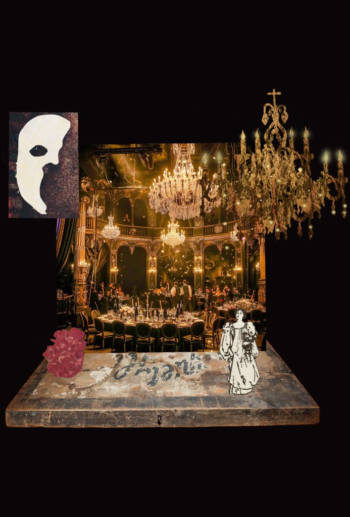 A stage with a golden chandelier and dinner tables dressed with gold furniture and gold light. An illustration of the Phantom of the Opera mask.