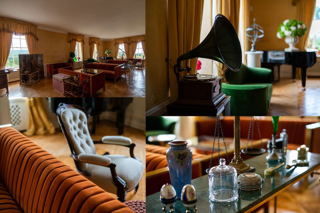 A collage of four photos showing interiors and props including a gramophone, orange sofas and antiques