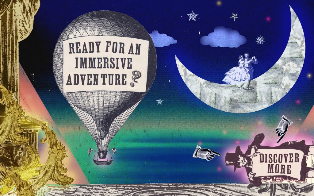 A graphic showing a half moon, a hot air balloon and a night sky.