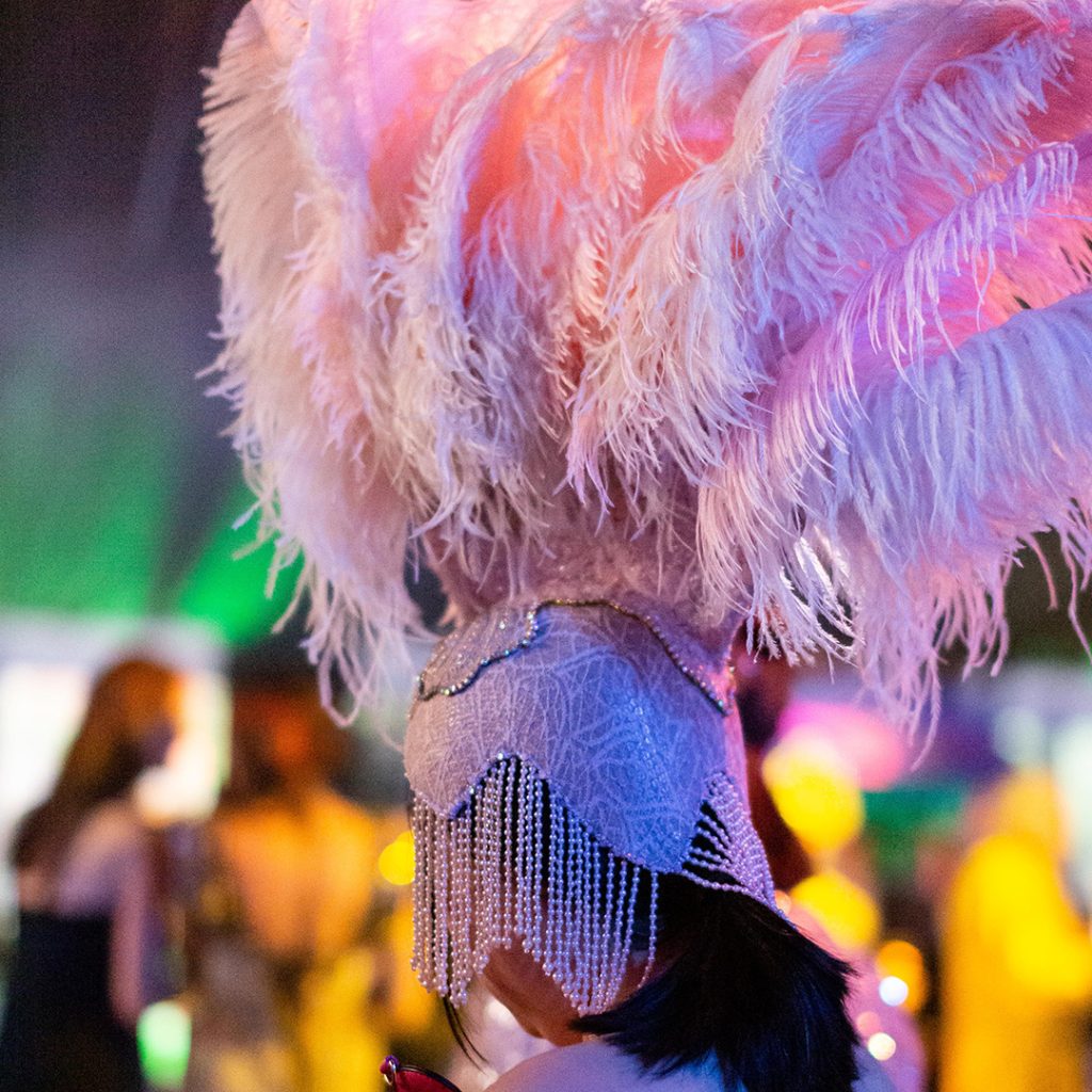 Woman wearing a pink feathered costume hat.