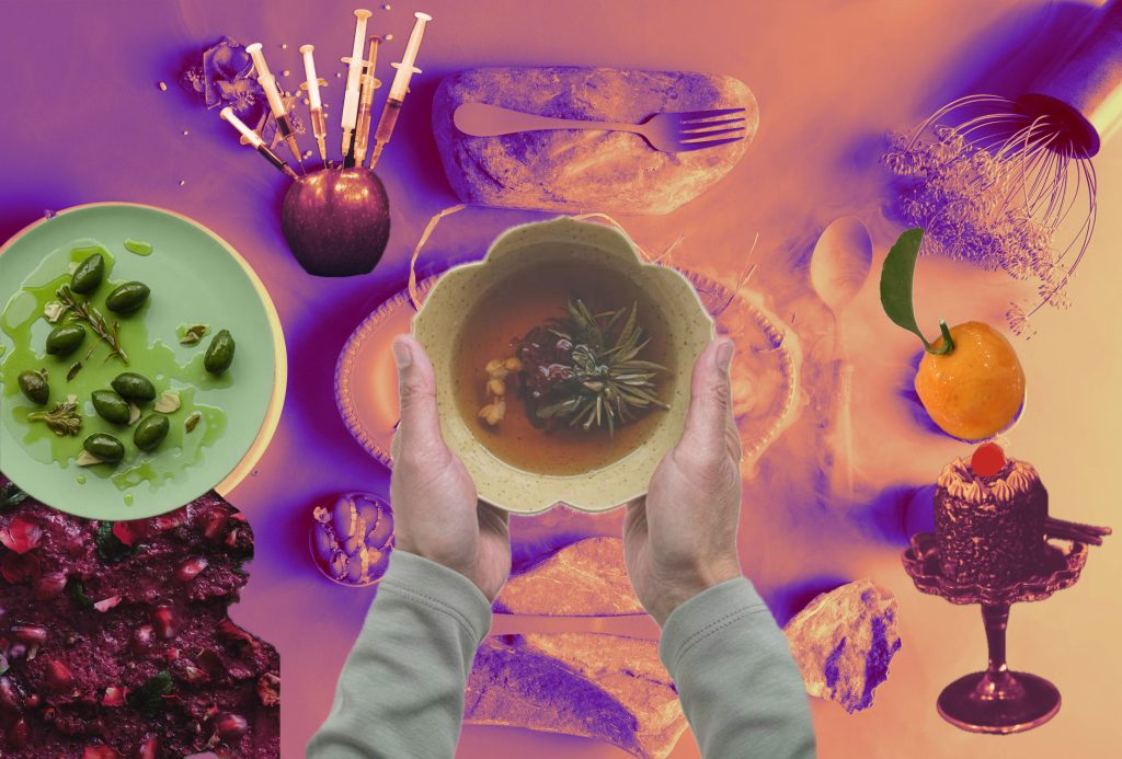 A collage of images mixed together including a pair of hands holding a bowl of soup, a plate of olives, an orange, a trifle on a stand and an apple injected with multiple injections with liquids.