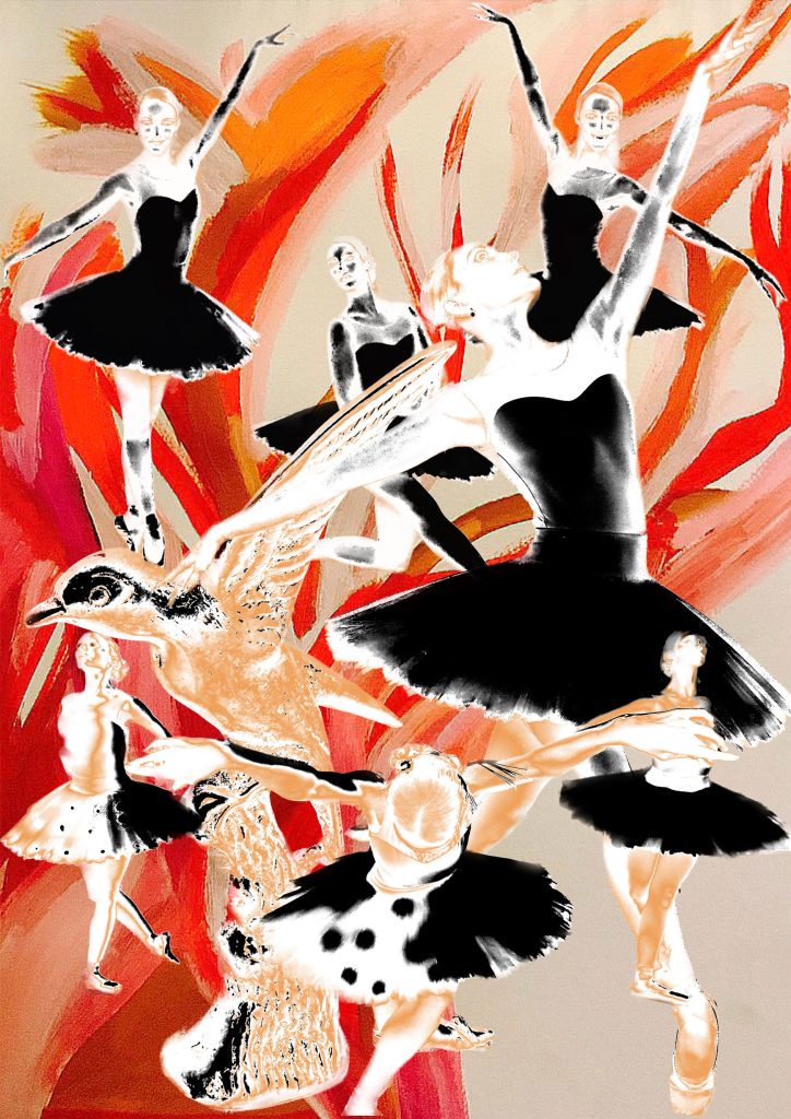 A painting of ballerinas in black tutus against a red and white background.