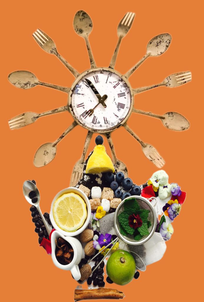 A clock face with forks and spoons coming out and surrounding it. A teapot shape that's made up using kitchen ingridients.