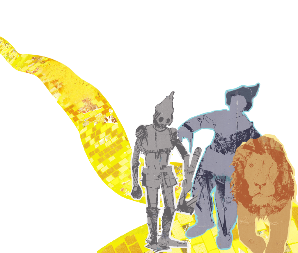 The Tin Man, Scarecrow and Lion from the Wizard of Oz and Yellow Brick Road