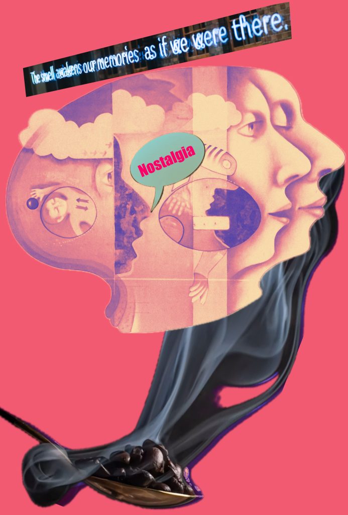 A graphic illustration of a brain and a spoon holding coffee beans with steam.