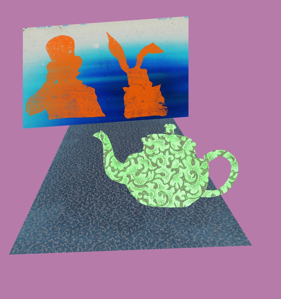 2D drawing on the Mad Hatter and Hare and a Green Teapot
