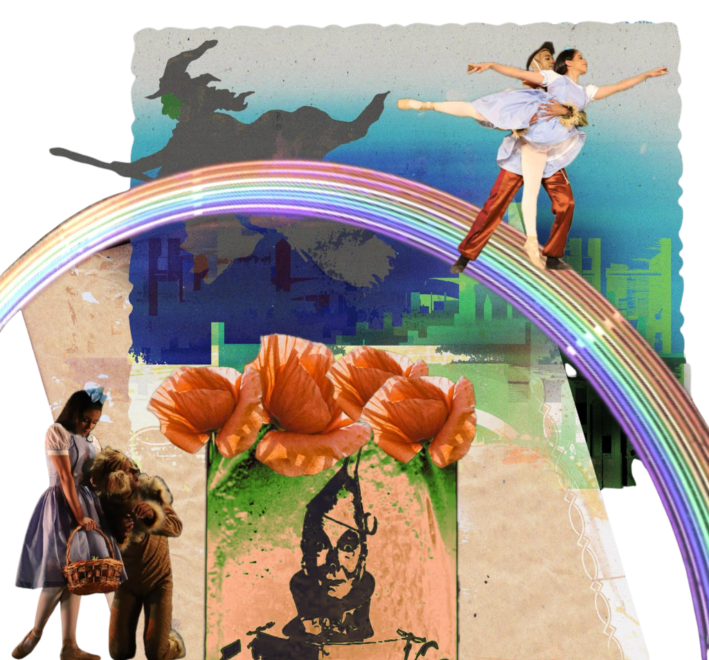 A collage of characters from the film 'Wizard of Oz' and a rainbow