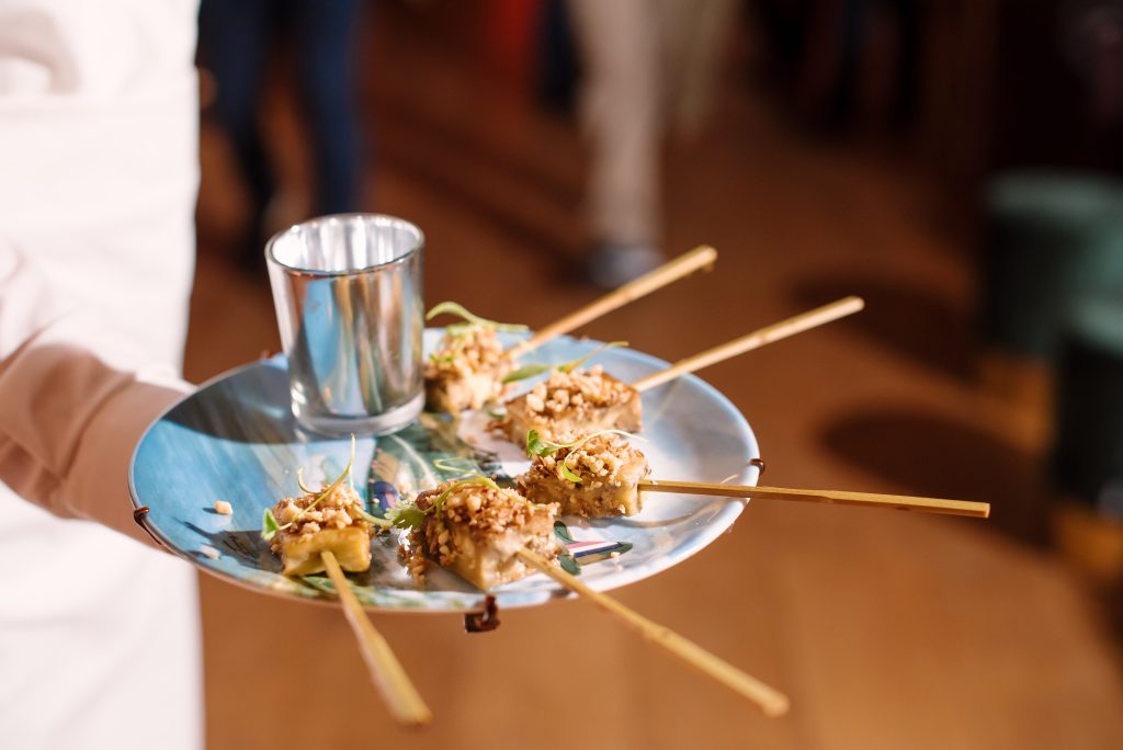 Skewers on a blue plate