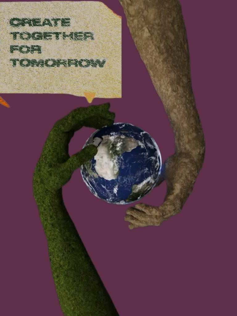 Two hands surrounding the Earth in a circular pattern.