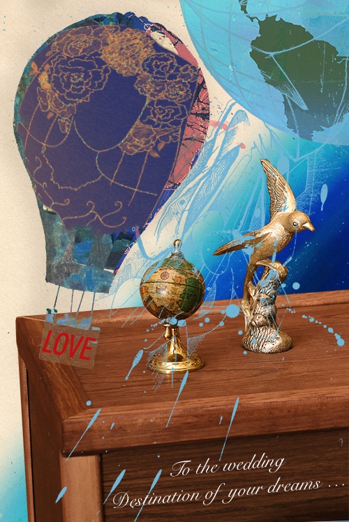 An illustrated hot air balloon and objects on a wooden console table.