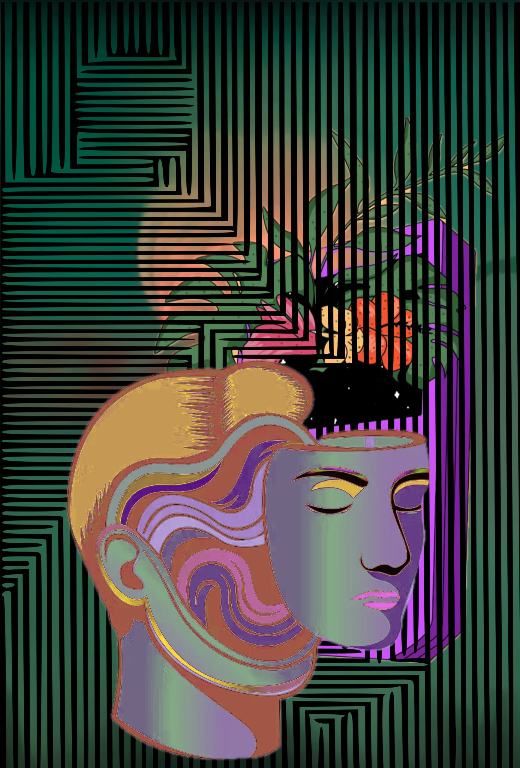 An illustration of a man with his face floating away on an abstract, lined background.